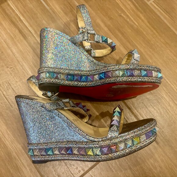 Christian Louboutin Pyraclou Metallic Spike Wedge Platform Sandal Size 38 - Picture 6 of 12